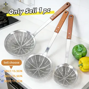 Stainless Steel Strainer Spoon for Kitchen Use, Kitchen Utensils, Kitchen Gadgets, Ancient Wood Handle Design, Ideal for Frying & Dumpling Serving, Large Size Sieve Colander