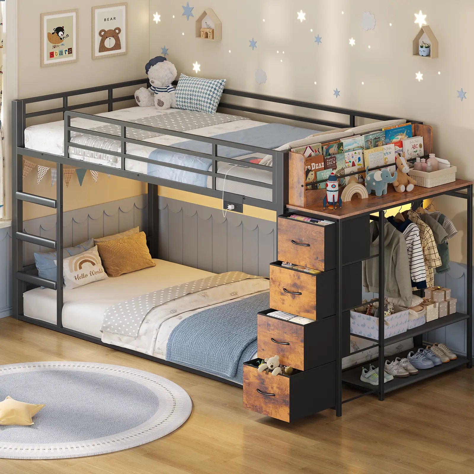 ADORNEVE Low-Profile Compact Child-Sized Bunk Bed for Boy and Girl Rooms, Metal Twin Bed Frame with 4 Storage Drawers, Bookshelf, Clothing Rack, Power Outlet, RGB Lights, Safety Guardrail, Ladder, Bunk Bed Boy And Girl Room