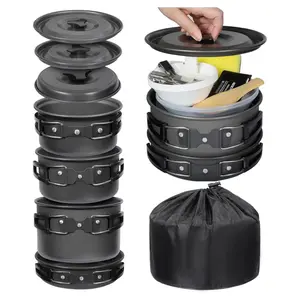 6/10/11/12/14/15/19 PCS Camping Cookware Mess Kit Camping Gear Campfire Utensils Lightweight Stackable Pot Pan Bowls Soup Spoon with Storage Bag for Camping, Backpacking, Outdoor Cooking