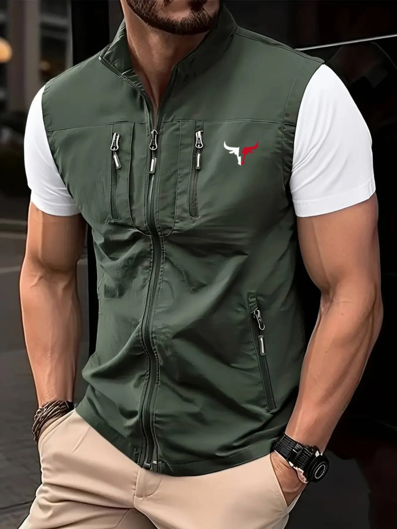 Men's Bull Print Fishing Vest, Outdoor Hiking Camping Tactical Vest, Multi-Functional Summer Workwear Photography Gilet Vest, All Season Vest, Casual Work Vests, Summer Clothes