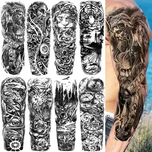 8 Large Lion Tiger Zeus Full Arm Temporary Tattoos, Waterproof Realistic Body Art Stickers, Suitable for Men and Women