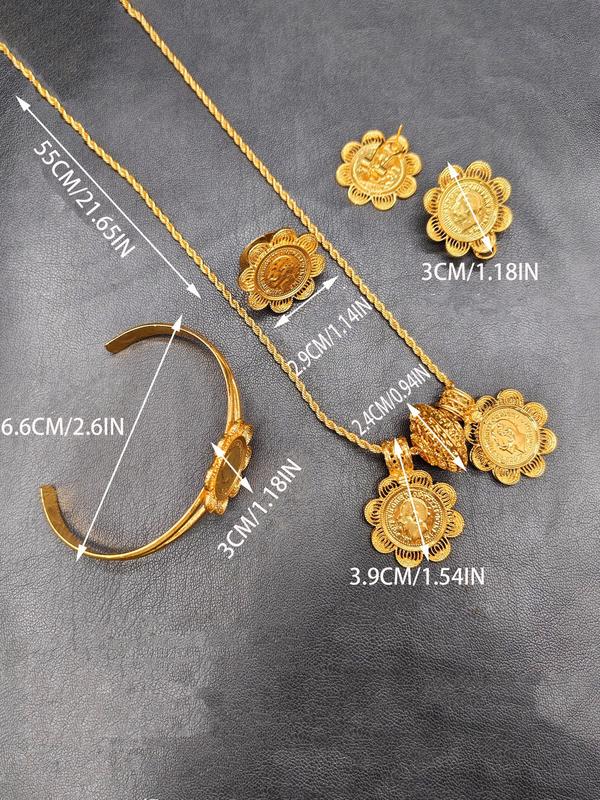 24K Gold Middle Eastern Luxury Vintage Coin Set: Multi-layered Bracelet, Necklace, Ring and Earring Collection - An Exclusive Celebratory Jewelry Gift for Women, Elegant Jewelry Set
