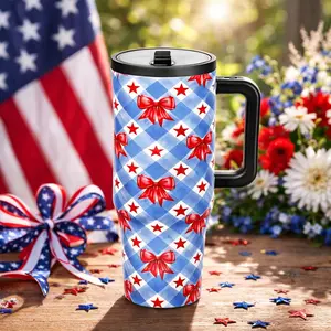 1 Pc 40oz insulated mug, Leakproof Insulated Tumbler, USA star bow design vacuum cup, Flasks, double wall leak proof thermal mug, keeps hot 12 hours cold 24 hours, large handle travel tumbler for coffee water, 4th of July gift for women men party outdoor