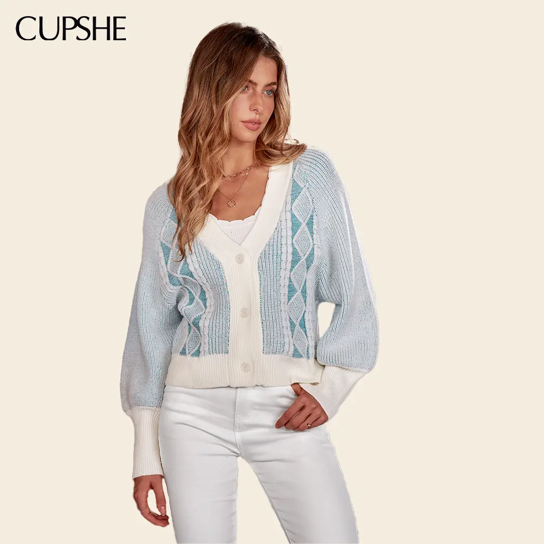 CUPSHE Women's Color Block Cable Knit Cardigan V-Neck Button Down Cropped Sweater, Soft Long Sleeve Knit Cardigan for Women, Casual Layering Top for Fall, Daily Wear, Travel Weekend Style Knitwear Knitting Womenswear Blue Fitted