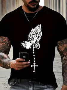 Men's Prayer Hand Gesture & Cross Print Short Sleeve T-Shirt Everyday Casual & Church Wear, Religious Expression Meets Street Style#DealsForYouDays