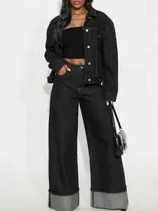 Sooner Or Later Cuffed Wide Leg Jeans - Dark Denim