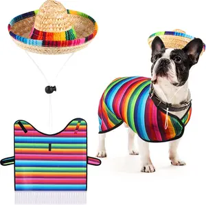Dog Sombrero Hat Pet Serape Poncho Costume Multicolor Funny Dog Costume Adjustable Sombrero Costume Mexican Dog Poncho Straw Hat Chihuahua Clothes for Mexican Party Decorations (M)
