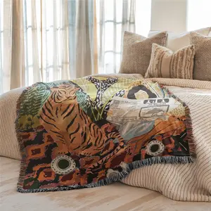 Multi-Function Tassel Woven Blanket, Tiger Woman Pattern Bed Blanket, Washable Blankets, Also for Sofa Cover, Couch, Armchair, Home Decor, Outdoor, Office