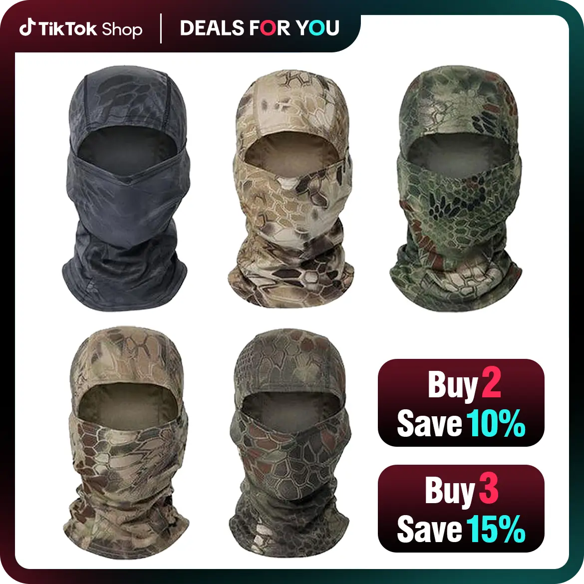 5PCS Camouflage Balaclava Face Mask UV Protection Men Women Sun Hood Tactical Motorcycle Fishing Hiking Cycling Neck Gaiter Breathable Bandana Summer