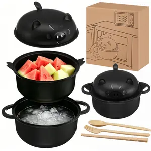Adorable Wheat Straw Ramen Noodle Bowl Bundle, Large Microwavable Pig Bowl with Lid Strainer Handle Cutlery Perfect for Home Dorm Campus Gifting