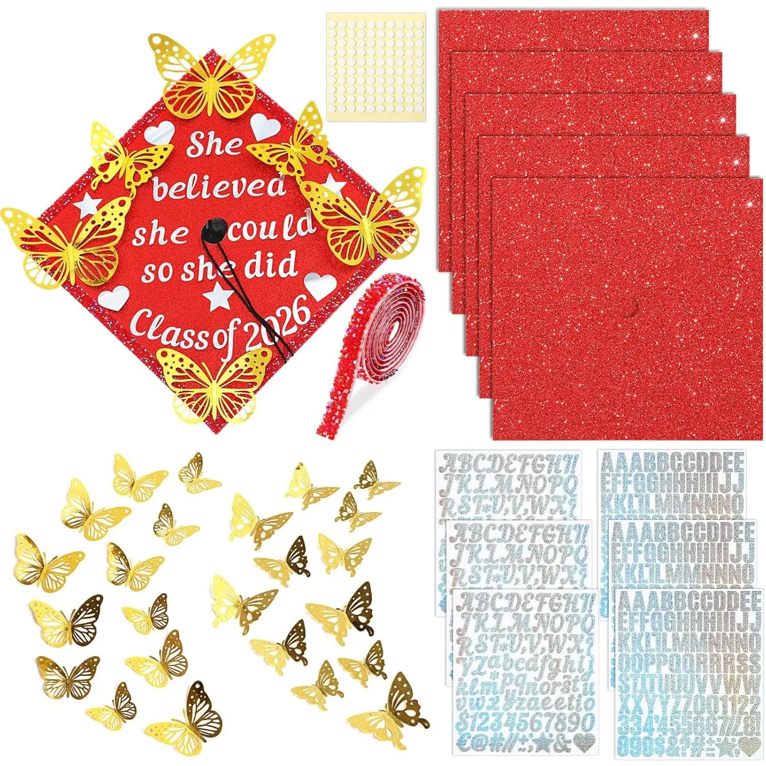 37 count DIY Graduation Cap Decorations Kit, Glitter Papers,  Butterfly Self Adhesive Rhinestones Stickers Alphabet Letter Stickers for 2026 Grad Hat Decor Party Supplies(Red)