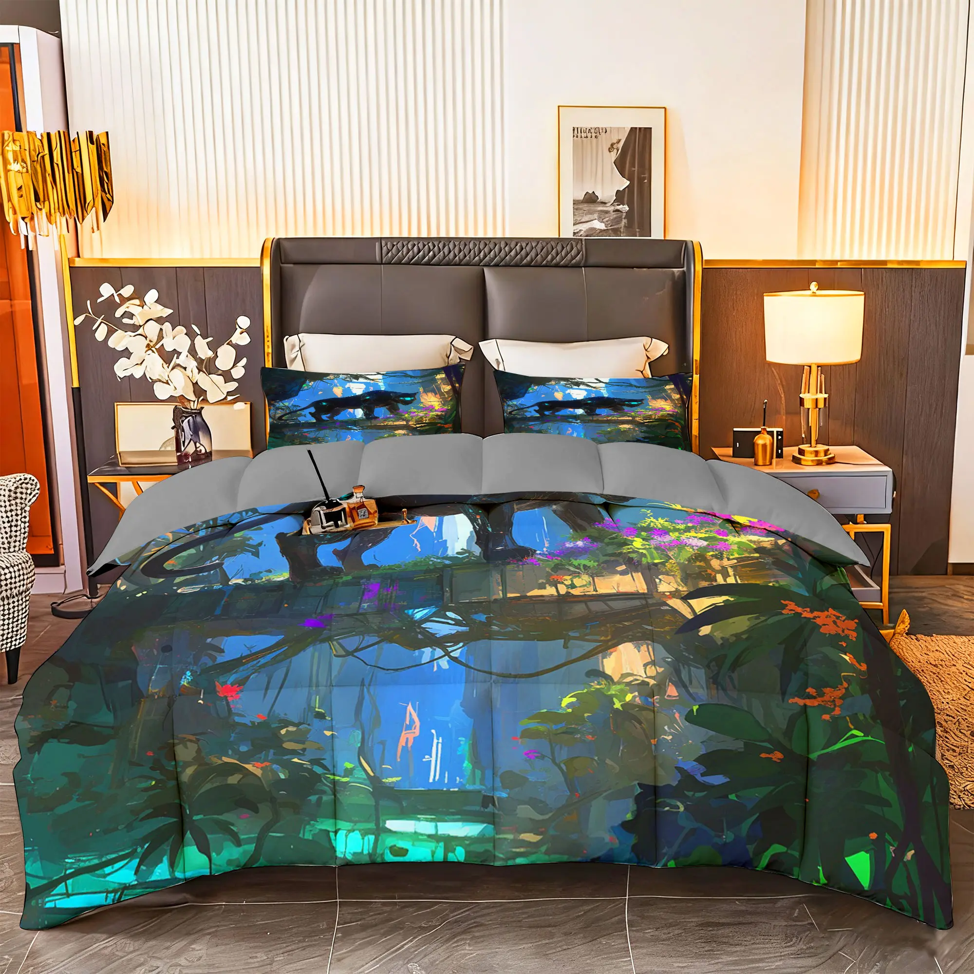 3pcs (1 comforter + 2 pillowcases) Microfiber Bedding Set All-Season Ultra-Soft Cozy Hypoallergenic, Wrinkle & Fade Resistant Easy-Care, Twin/Queen/King Size, Animal-Printed Pattern with Mysterious Panther Design, High-Quality Durable Fabric for Bedr