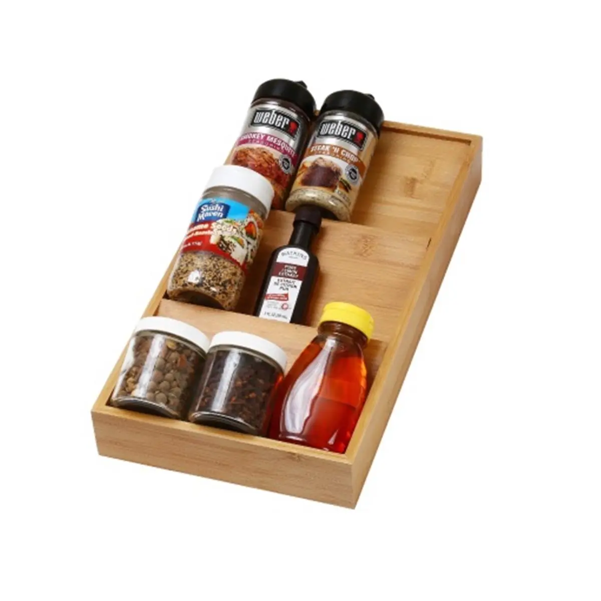 YBM HOME Bamboo Spice Rack Drawer Tray - Rectangular Drawer Organizer with Angled Tiered Multi-Slot Storage Units for Spice Jars, Ideal for Kitchen Pantry, Bathroom Cabinet, Rectangle