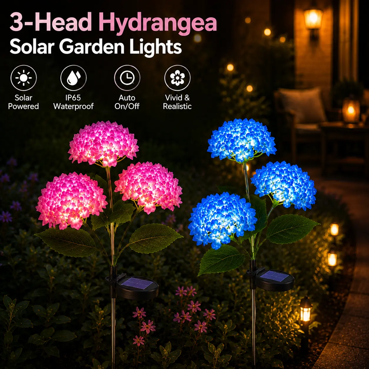 2/4 Pack Solar Hydrangea Garden Lights Outdoor, 3-Bloom 18-LED IP65 Waterproof Flower Stake Light for Yard, Patio, Pathway & Lawn Decor, Mother's Day Gift, Outdoor Solar Light