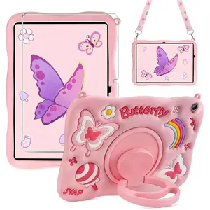 Samsung Galaxy Tab A9 Plus 2023 11 inch Case for Kids Girls Pink Butterfly Shockproof with Screen Protector Kickstand Shoulder Strap Portable Tablet Cover