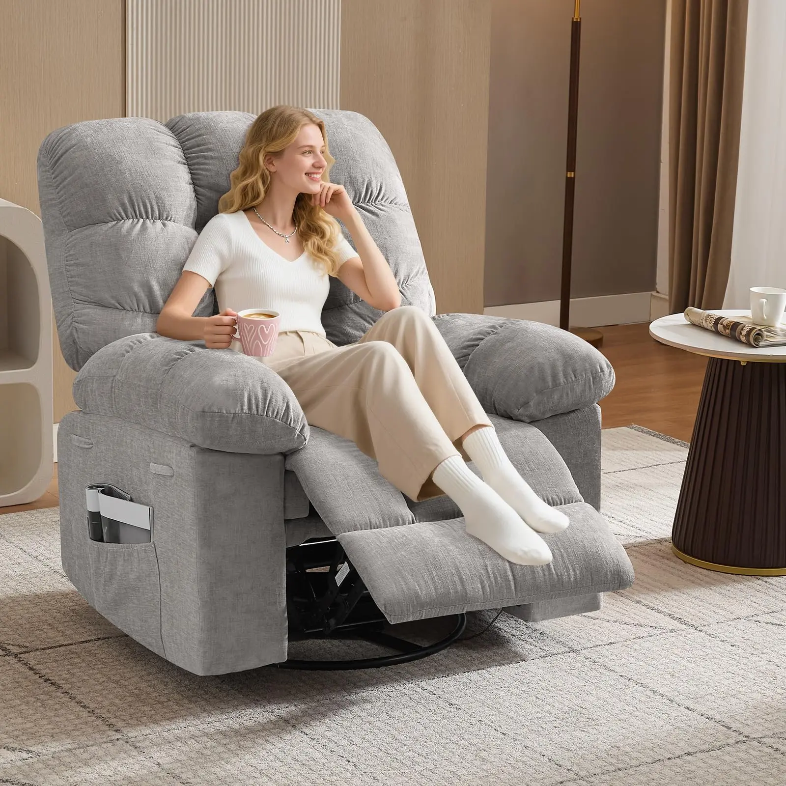 Oversized Modern Ergonomic Grey Wood Iron Swivel Rocking Recliner Chair - 360° Swivel, Heated 8 Vibration Massage Points, Footrest, Side Pockets, High-Resilience Sturdy Base, Quick Assembly Required - Living Room Single Relaxation Sofa