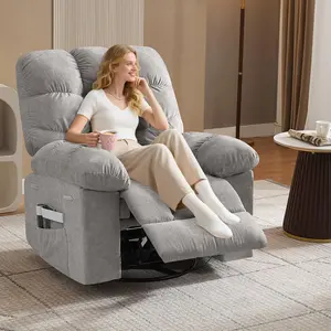 Rocking Recliner Chair,Massage Rocker Recliner Chair with Vibration Massage and Heat,360°Swivel Recliner Chairs,Oversized Rocker Recliner Single Sofa with Side Pocket,Living Room,Bedroom,Nursery,Grey Modern Ergonomic