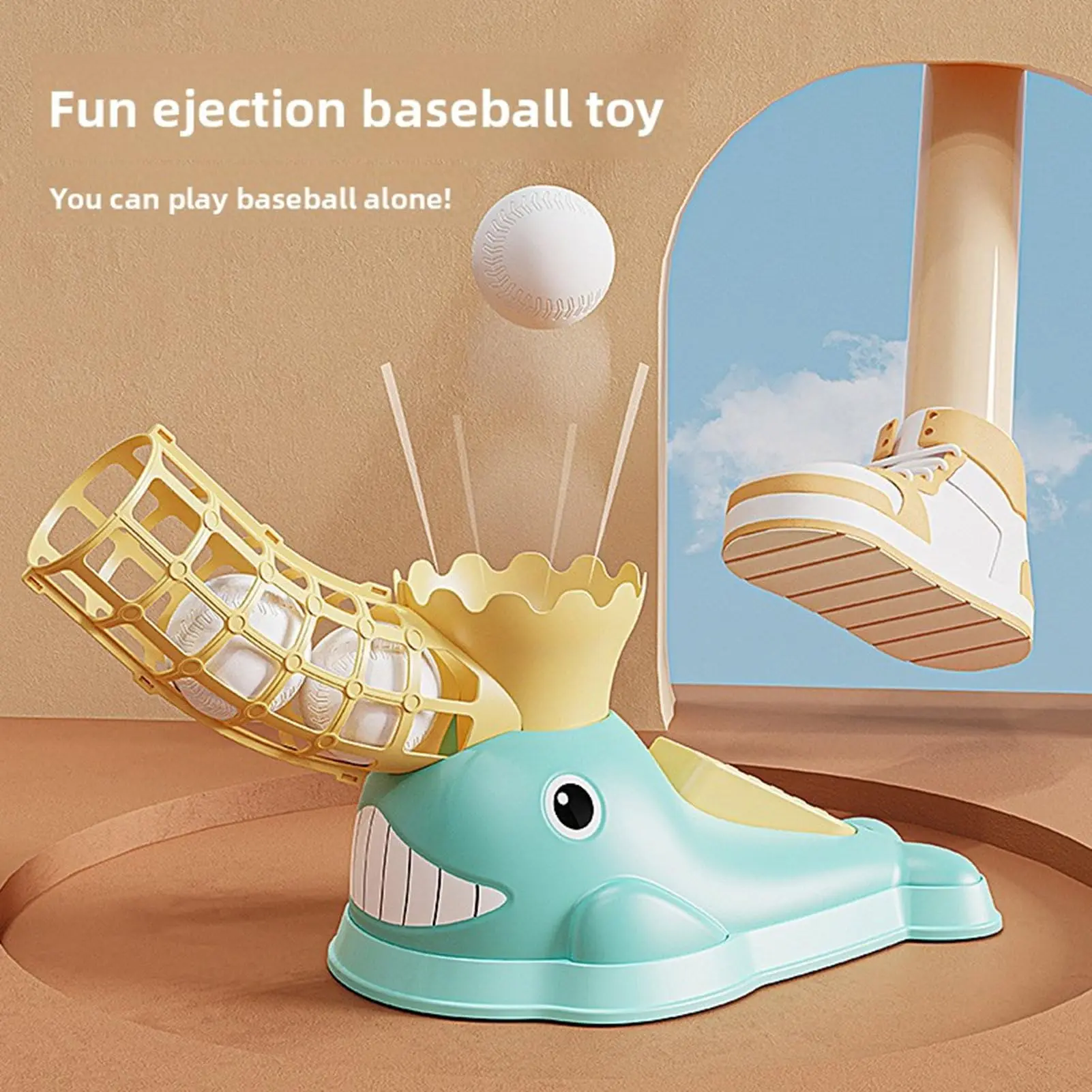 Step On Baseball Pitching Machine with 6 Plastic Balls and Baseball Bat Cartoon Shape Kids Trainer for Kids Boys Girls (Blue)