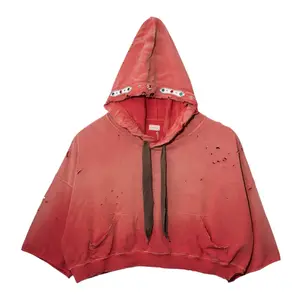 Kapital Thriller Damaged Devil Studded Hooded Sweatshirt Washed Red Multi