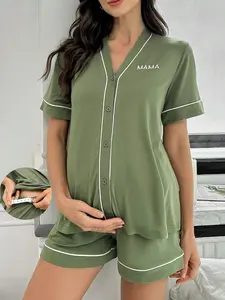 Maternity Nursing Loungewear Set - Open Front, Embroidered Letter, Contrast Trim