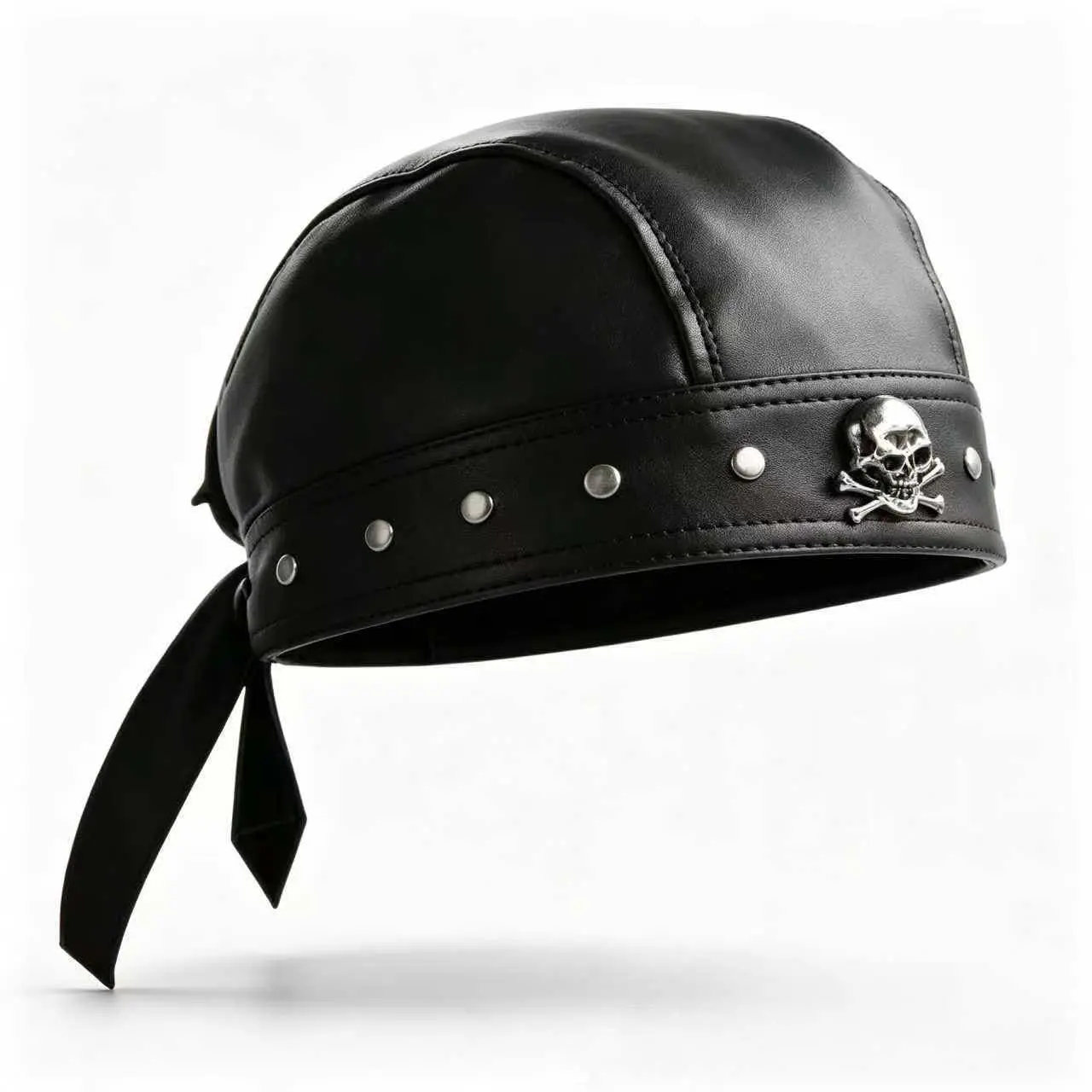 Punk Biker Leather Skull Cap Hat for Men Women, Adjustable Tie Back Motorcycle Doo Rag, Black PU Leather GothicRivet Head Wrap, Rock Streetwear Fashion Hat for Riding, Music Festivals, Halloween Costume & Alternative Style