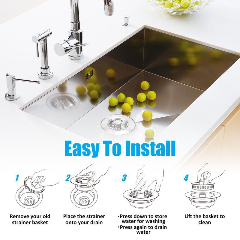 Multi-Functional Stainless Steel Sink Drain Strainer, 3-in-1 Pop-Up Basket and Stopper Combo, Anti-Clogging and Deodorizing, Compatible with US Standard 3-1/2 Inch Drain Pipes for Kitchen Use