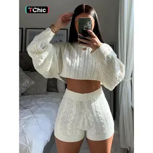 Women's 2 Pcs Sweater Set, Crew Neck Cable Knit Long Sleeve Knitted Crop Top & High Waist Shorts Set, Autumn/Winter Casual Fashion Cozy Chic Soft 2 Piece Sweater Set, Women Fall Outfit, Winter Loungewear Set, Cute Winter Knit Set, Fall Clothes for Women