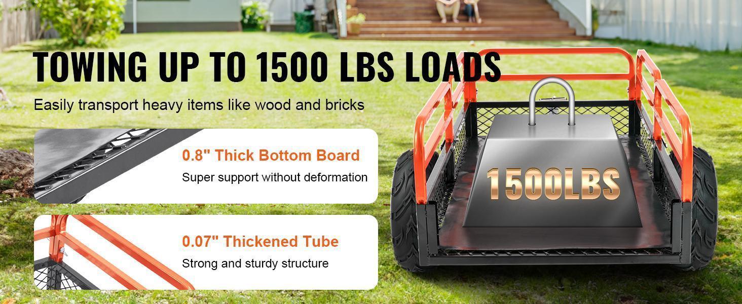 VEVOR Heavy Duty Steel ATV Dump Trailer, 1500-Pound Load Capacity 15 Cubic Feet, Tow Behind Dump Cart Garden Trailer, with Removable Sides and 2 Tires, for Mowers, Tractors, ATV, UTV