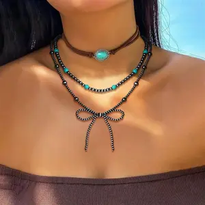 Western Turquoise Pearl Bow Necklace Beaded Jewelry for Cowgirl Style - Adjustable 18-22 in Boho Layering Chain