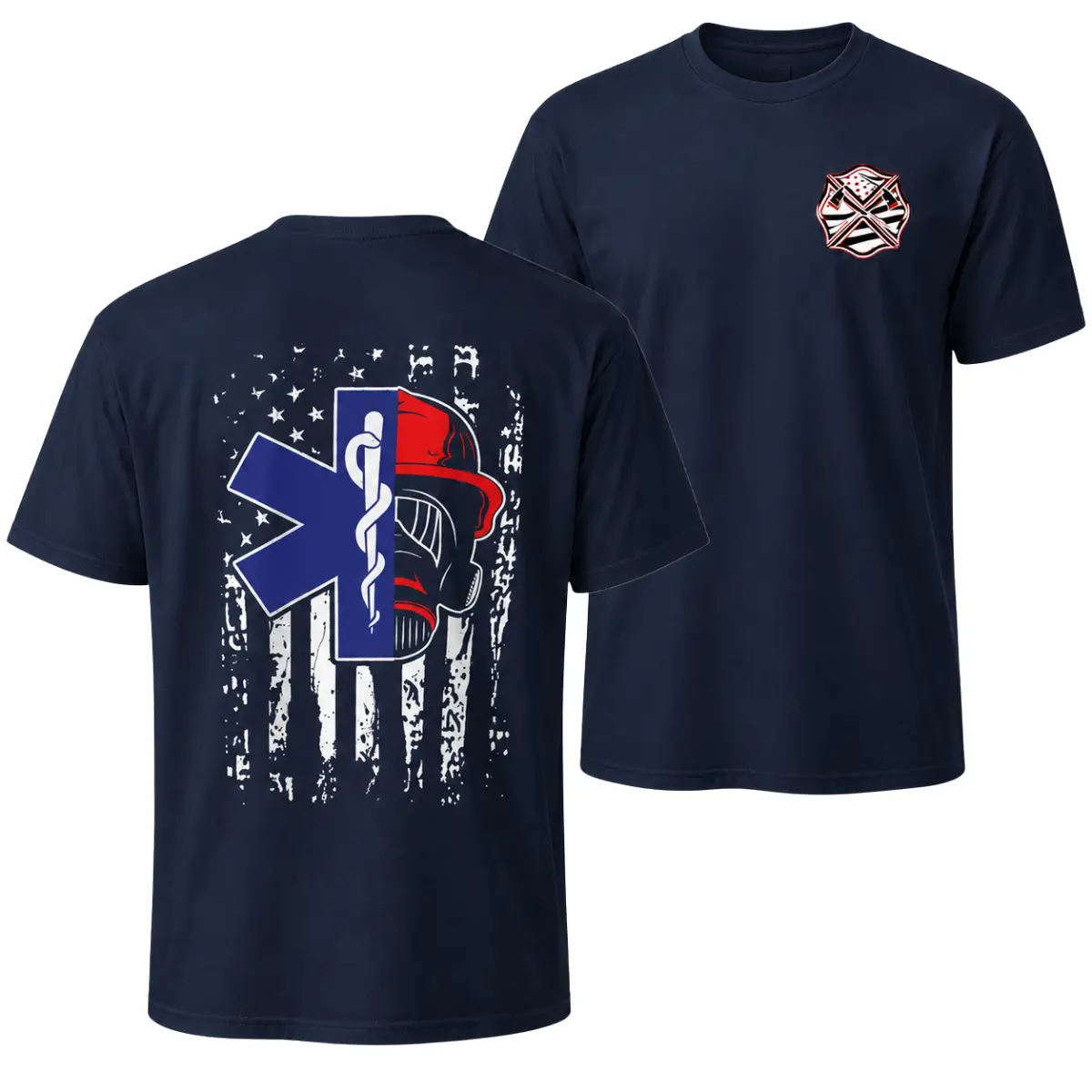 Firefighter EMS American Flag Tee | Distressed First Responder Graphic Shirt - Heavy Cotton Rescue Worker Gift