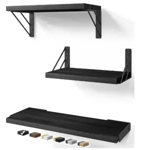 BAYKA Rustic Wood Floating Wall Shelves for Bedroom Living Room Kitchen Storage Easy Install Black Finish Set of 3