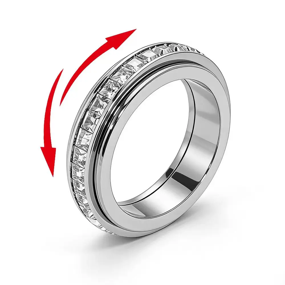 Women's Rotatable Cubic Zirconia Titanium Steel Fidget Spinner Ring - Adjustable Fitted Anxiety & Stress Relief Lucky Charm Jewelry, Daily Wear Cubic Zirconia Rings