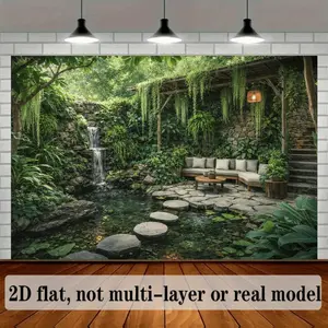 2D Flat Banner, 1pc Fern Garden Backdrop with Thatched Roof Pavilion, Rattan Hanging Chair, Stone Wall Waterfall, Mossy Rocks, Water Lily Koi Pond, Terracotta Pot Fountain, Ferns, Monstera, Hanging Vines, Slate