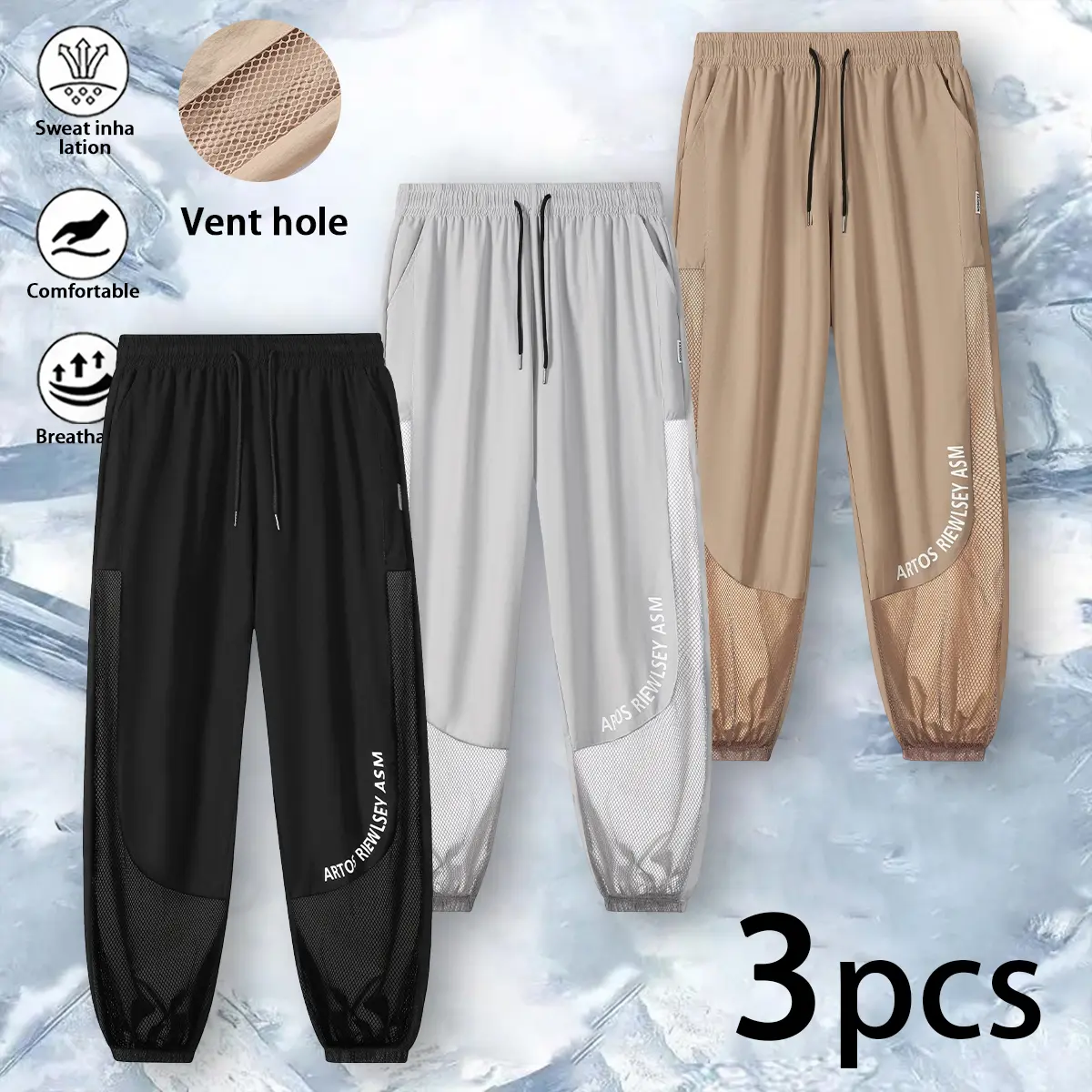 Men’s 3-Pack Minimalist Ventilated Mesh Joggers - Mid Waist, Elastic Waist Drawstring, Tapered Ankle, Breathable Mesh Splicing, Letter Logo, Weightless Sweat Resistance, Summer Casual Gym Training, Machine Washable, Machine Washable Men's Pants