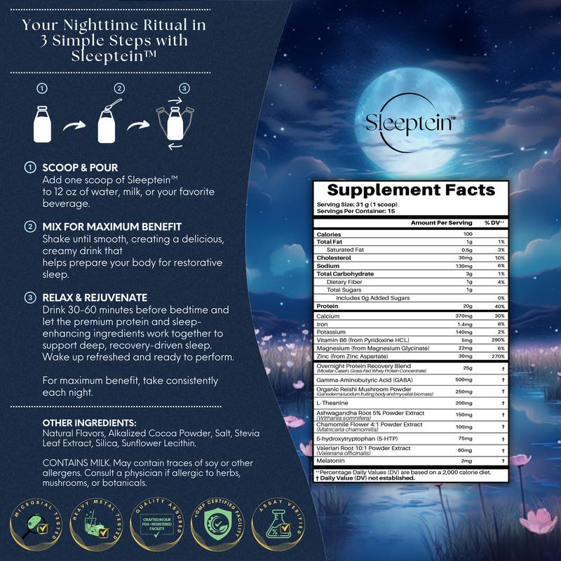 Sleeptein Sleep Protein Powder - Nighttime Sleep Aid & Premier Protein Shake with 25g Micellar Casein + Grass-Fed Whey Protein, Magnesium Glycinate, 5-HTP, GABA, L-Theanine & Valerian Root for Restful Sleep, Muscle Recovery & Growth - Healthcare