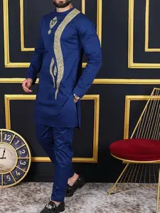 Men's Navy Blue Dashiki Outfit, Elegant Gold Embroidery, Long Sleeve, Side Slit Hem, Elastic Waist Pants, African Traditional Clothing, Men's Casual Shirt And Pants 2 Pieces Set, New Season, Wedding, Party, Date, Cultural Events