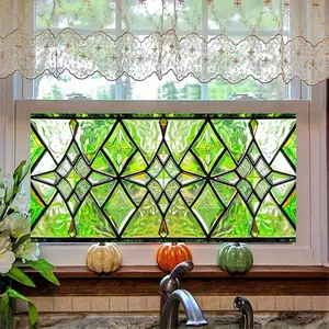 Green Stained Glass Window Film 39.3x17.7 Inch Geometric Static Cling Privacy Decal for Bathroom Kitchen Door No Adhesive UV Protection