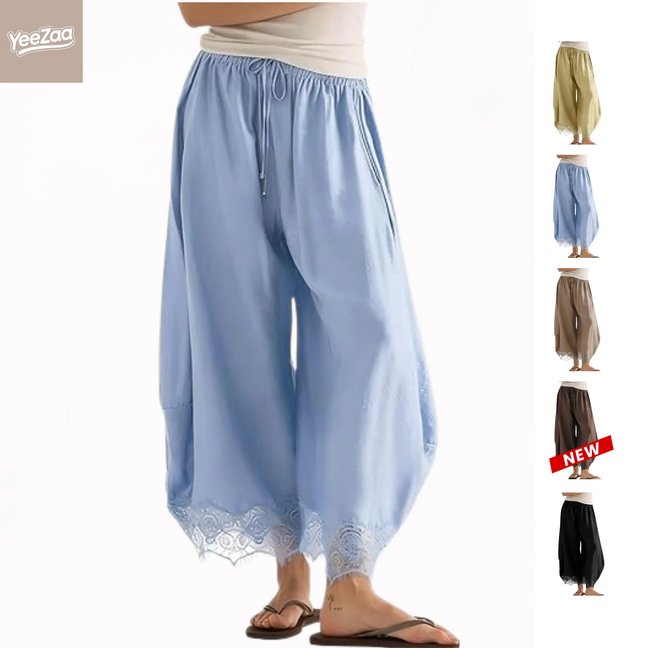 YeeZaa Lace Satin Pants Cropped Boho Beach Pant 2026 Summer Sale Fall Fashion Pants Drawstring High Waist Wide Leg Pants Summer Lightweight Lounge Trousers Casual Elastic Waisted Vacation Outfits with Pockets