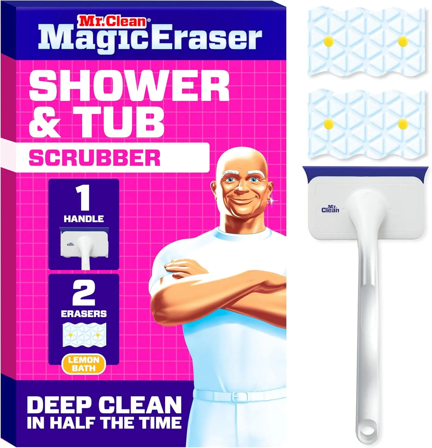 Magic Eraser Bathroom Cleaner Kit – Shower & Tub Scrubber with Foaming Pads for Deep Cleaning Soap Scum & Stains (Lemon Scent)