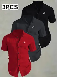 3-Pack Men's Summer Short Sleeve Fitted Shirts, Breathable Solid Collar Button-Up, Ideal for Beach Pool, Casual Swimwear, Perfect for Summer