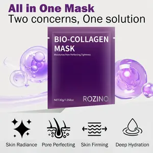 ROZINO Bio Collagen Mask 5 Pack Purple Hydrating Moisturizing Firming Tightening Pore Minimizing Skin Improving Deep Nourishing Overnight Repair Collagen Hyaluronic Acid Biotin Glycerin For All Skin Types
