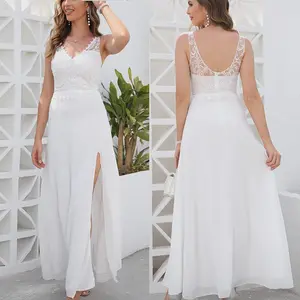Women's Wedding Dress – Spaghetti Strap Sleeveless Boho Sundress with Split & Bow Tie Back