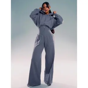 HoodedZipThroughJumpsuitCinchedWaistRelaxedLoungeCasualCapsuleWardrobeBasicEverydayBusinessOfficeWorkBackToSchoolAutumnWinterFallAirportFitDarkGrey