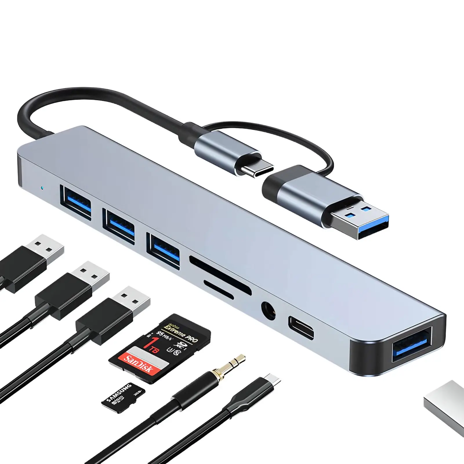 Portable 8 Ports USB Hub, USB 3.0/2.0/Micro SD/TF Card Reader, Multifunctional Universal Adapter for Laptop, MacBook Pro, iPad And Other USB-C Devices