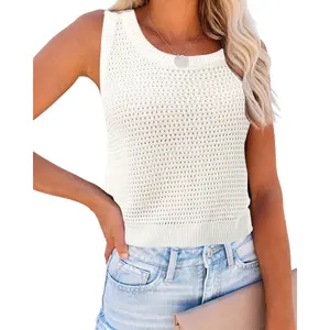 Saodimallsu Womens Summer Knit Sweater Tank Tops Round Neck Crochet Hollow Out Sleeveless Casual Crop Shirt Fit Fit Womenswear Vest Basic Minimalist