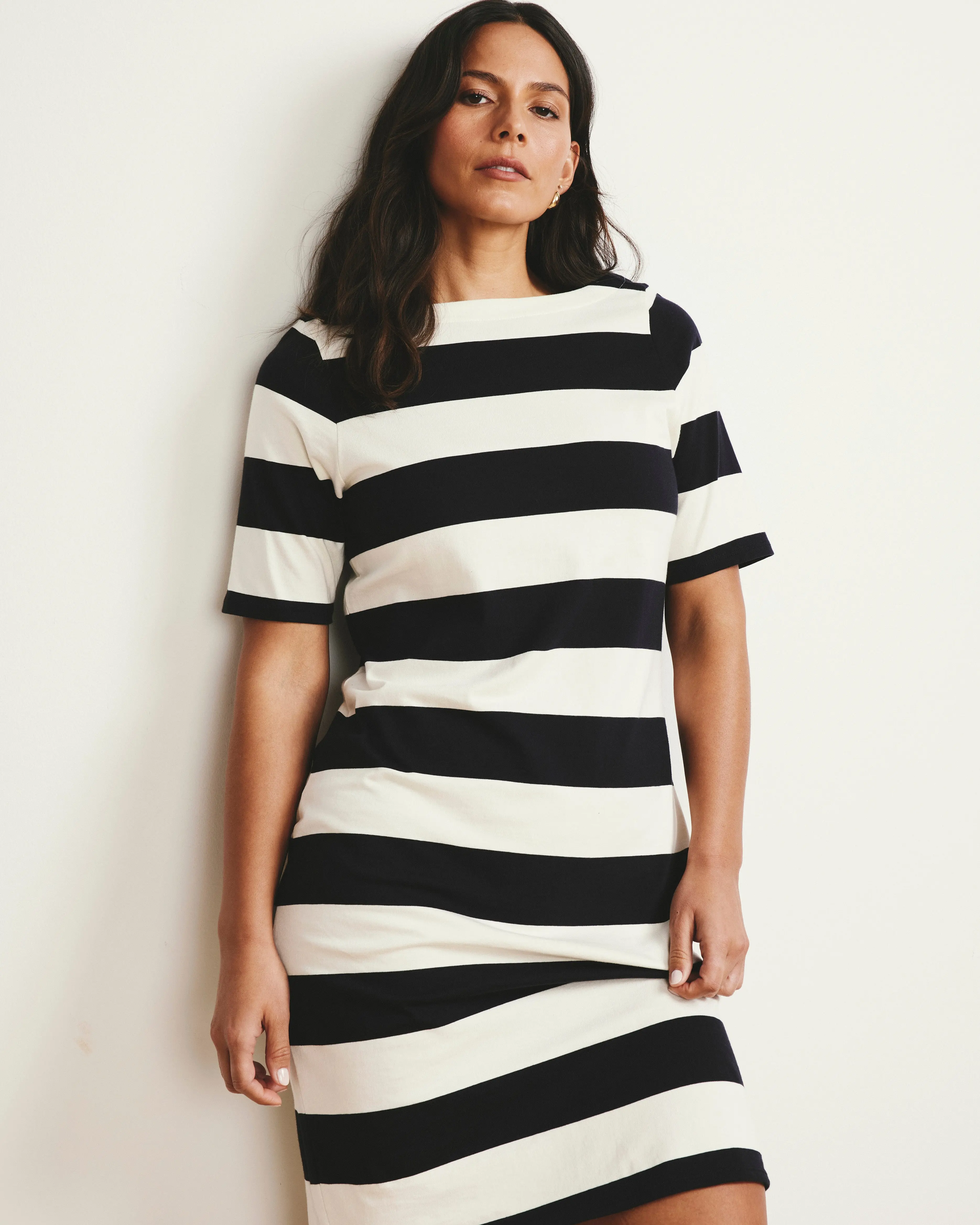 Women's Lady Breton Striped Boat Neck Short-Sleeve Casual Jersey Knit Dress - Ecru/Black Rugby Stripe, Shortsleeve, Soft, Striped Casual Dresses, Classic, Yarn Dyed, New Fabric, Refined, Between Seasons