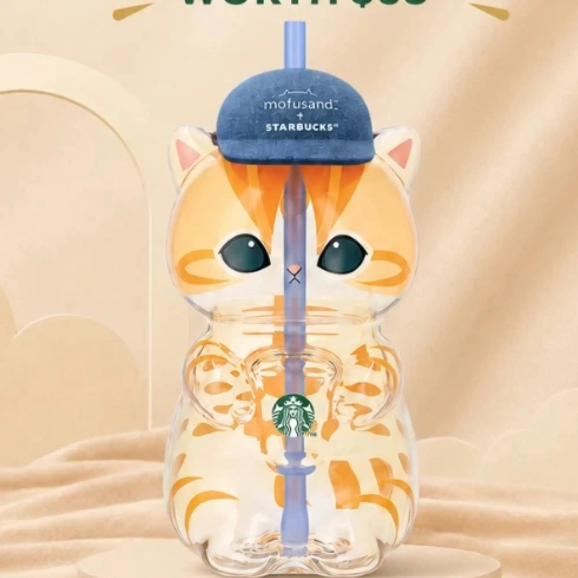 Mofusand x Starbucks Cute Cat Glass Cold Cup - 414ml Limited Edition Drinkware Tumbler with Straw