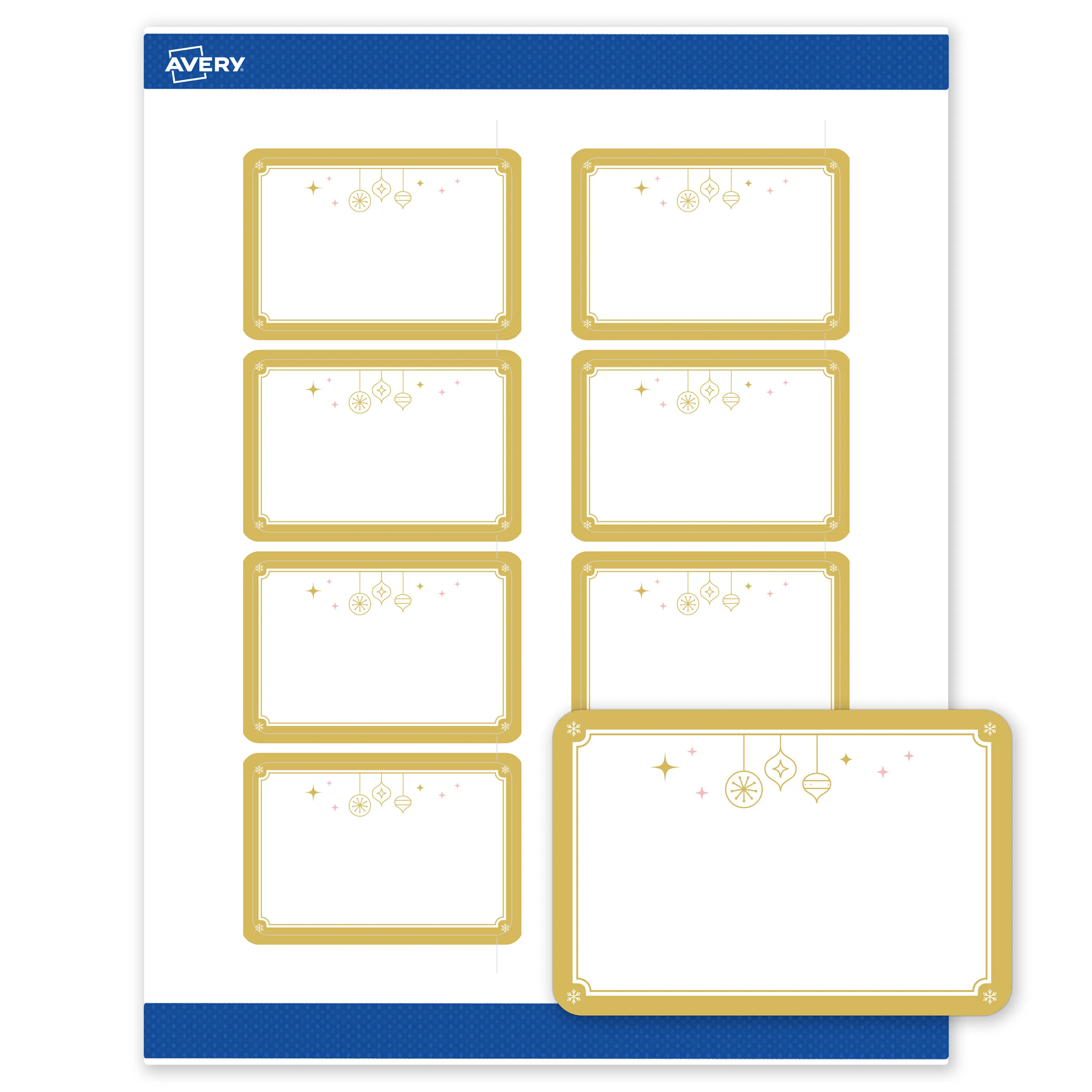 Avery® Printable Christmas Labels with Sure Feed® Technology, Rectangle, 2" x 3", Pre-Printed Metallic Gold Hanging Ornaments Design, Matte White, Laser & Inkjet Compatible, 80 Total