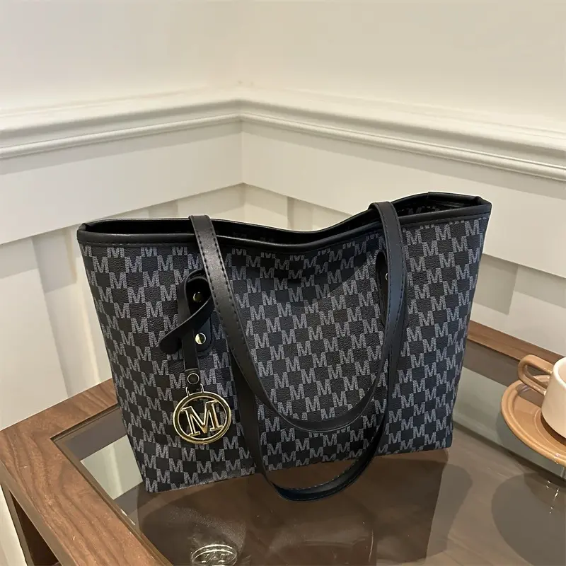 Women's Elegant Graphic Synthetic Leather Tote Bag - Stylish Bag, Gold Chain Shoulder Strap, "M" Logo, High-Capacity Multi-Compartment, Zip Closure, Convertible Crossbody/Single Shoulder for Daily Casual Use (White/Brown)