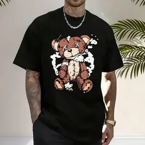 Men’s casual streetwear T-shirt featuring a distressed teddy bear graphic print, smoke effect and stitching details; Y2K-inspired street fashion with retro grunge aesthetics; men’s summer urban style suitable for skateboarding culture, nightlife, and city